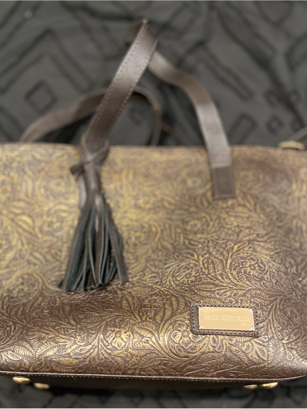 100% Leather BOCA REPUBLIC Metallic Brown Tote Tassel, Wallet Crossbody Strap